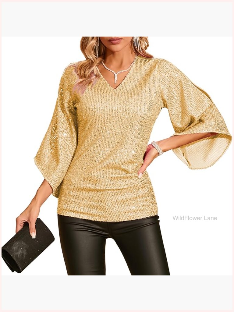 V-Neck Sequin Top 3/4 Sleeve Sparkly Dressy Blouse For Party Night